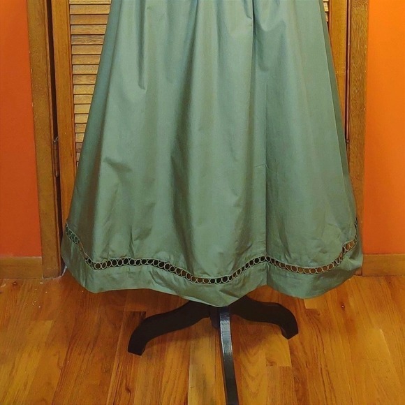 Olive Green Cotton Eyelet Maxi Skirt - Sheen Buttons Bow Tie Elastic Waist - S - Picture 4 of 13
